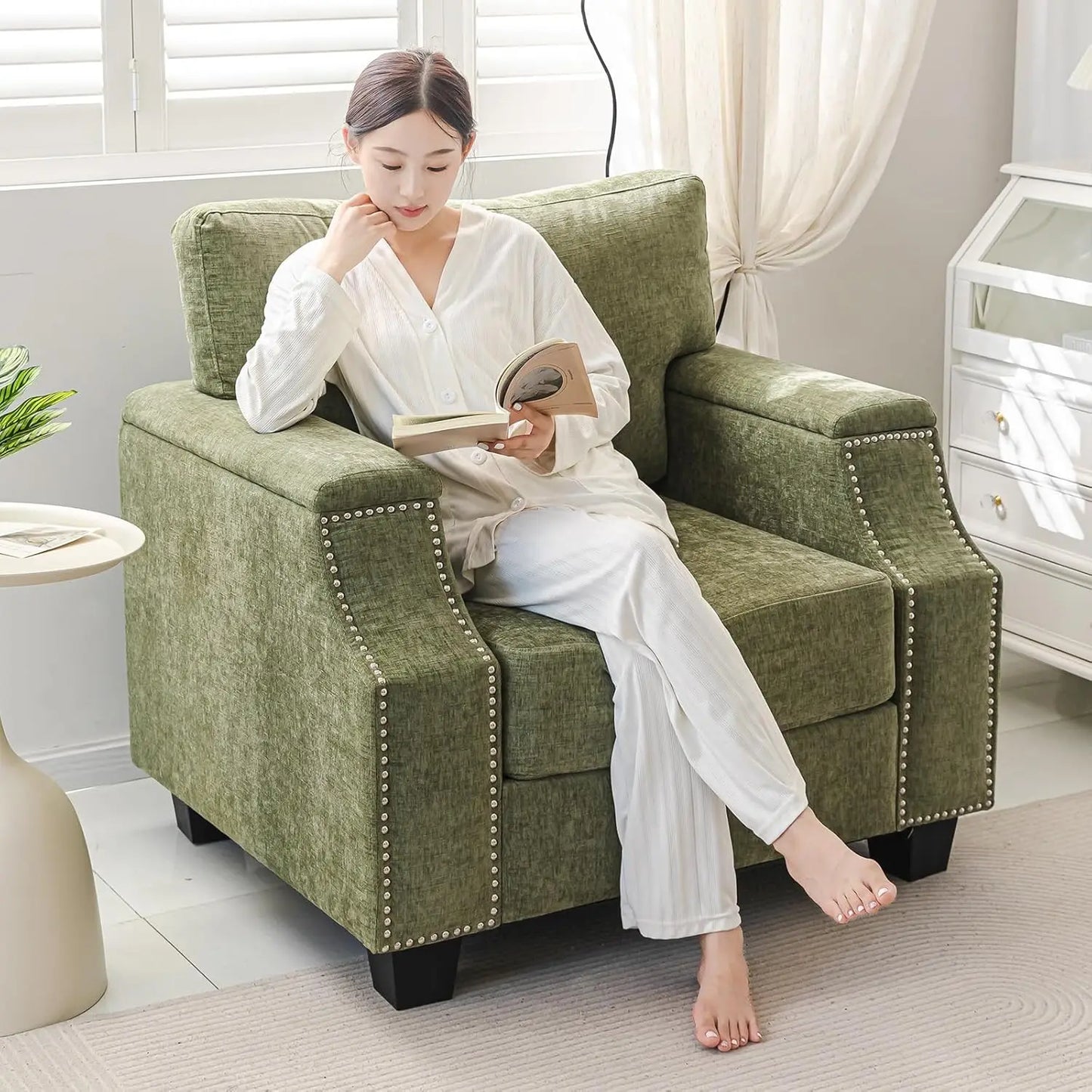 Accent Chair With Armrest Organizer Upholstered Mid Century Living Room