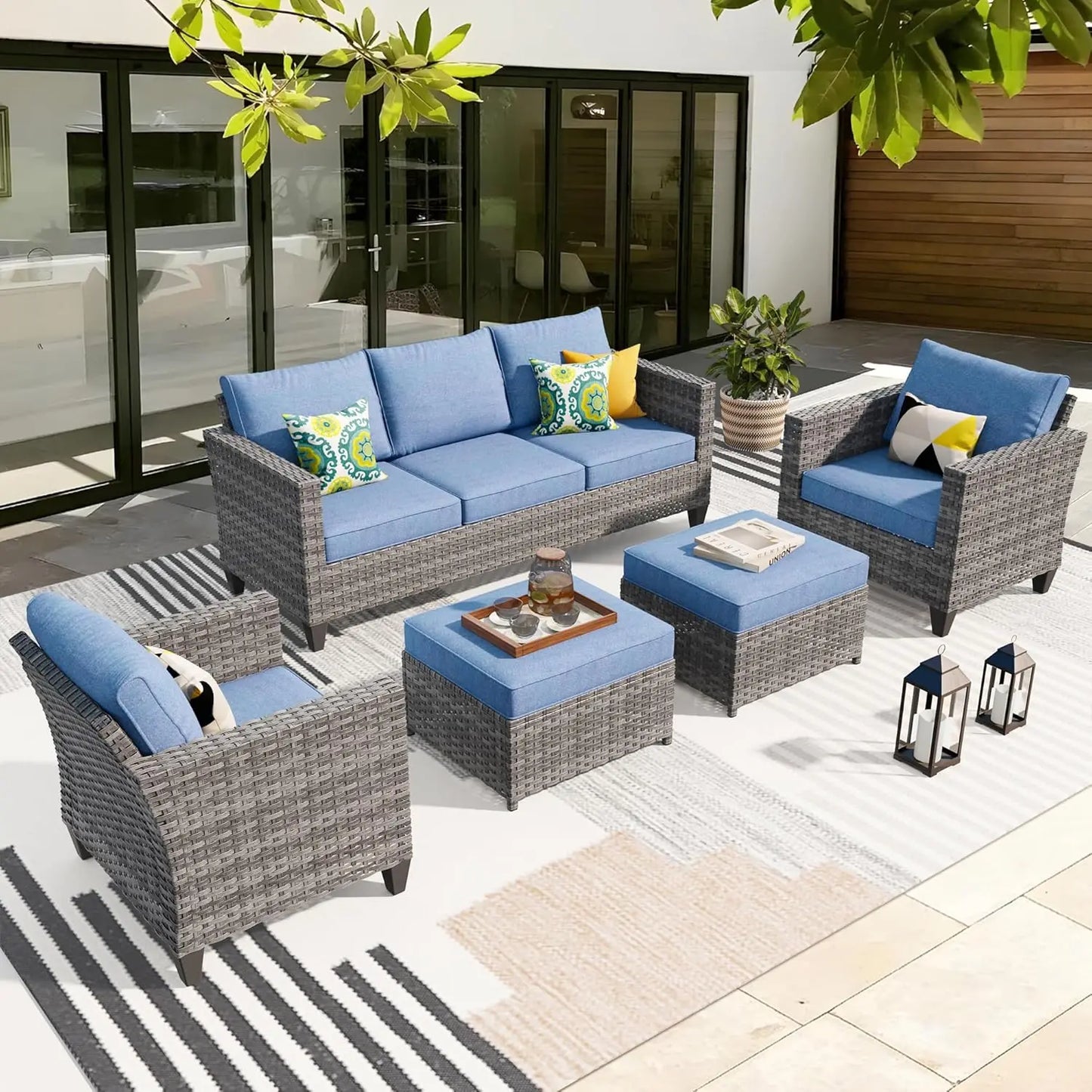 Patio Furniture Set, 5 Pieces Outdoor Wicker Sofa Couch With Chairs, Ottomans And Comfy Cushions, All Weather High, Customized