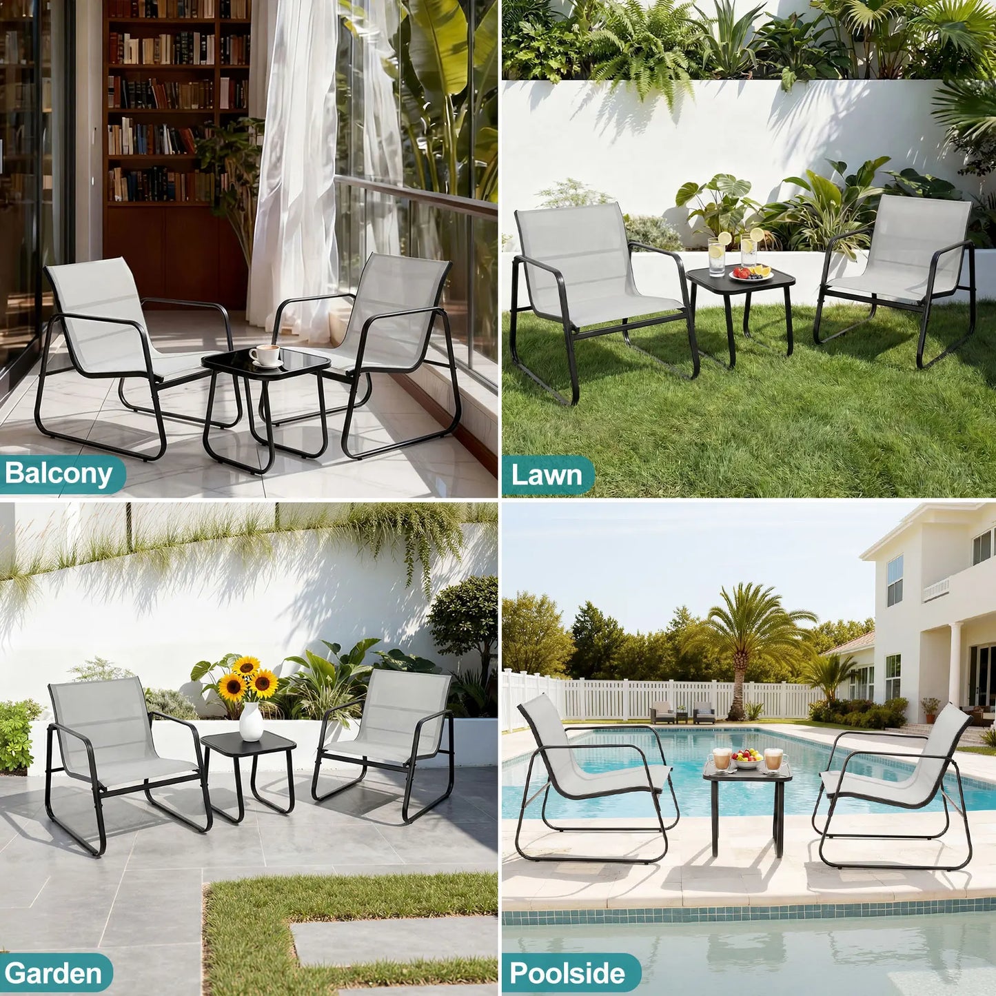 JHK Patio Furniture 3 Piece Outdoor Set With Table Metal Frame