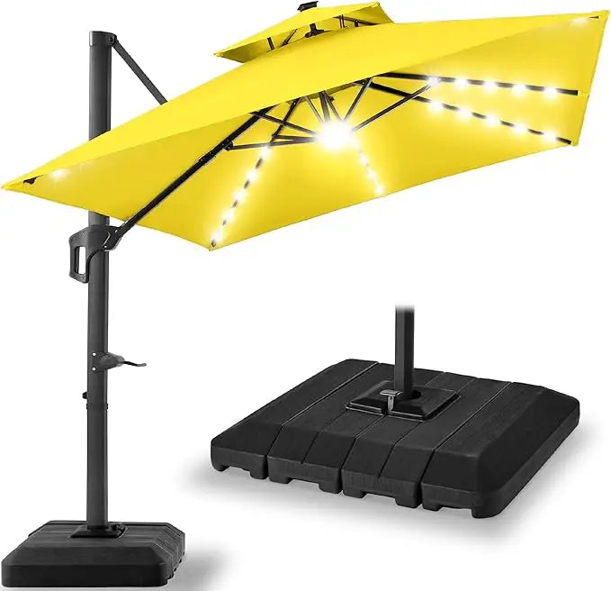 9x12ft LED Cantilever Patio Umbrella w/Base Included & 360° Rotation, Large Solar Offset Hanging Outdoor Sun Shade for Deck
