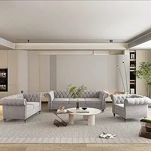 DAFIFY Velvet Chesterfield Sofa Loveseat Chair Set For Living Room