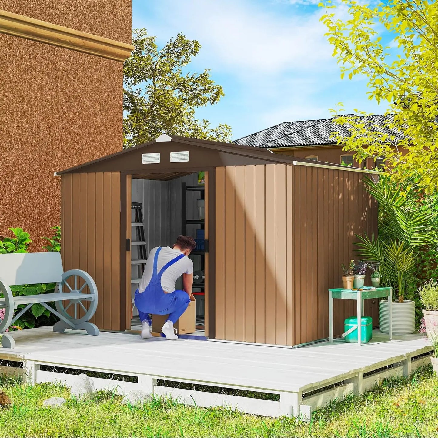 GELU Metal Storage Shed With Foundation Kit And Lockable Doors