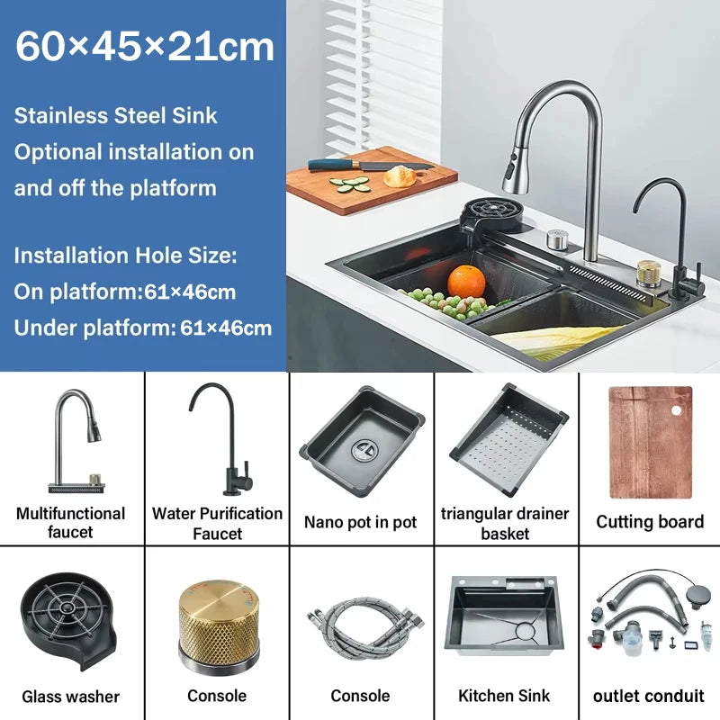 Wanmivezlo 304 Stainless Steel Waterfall Kitchen Sink With Above Counter Basin