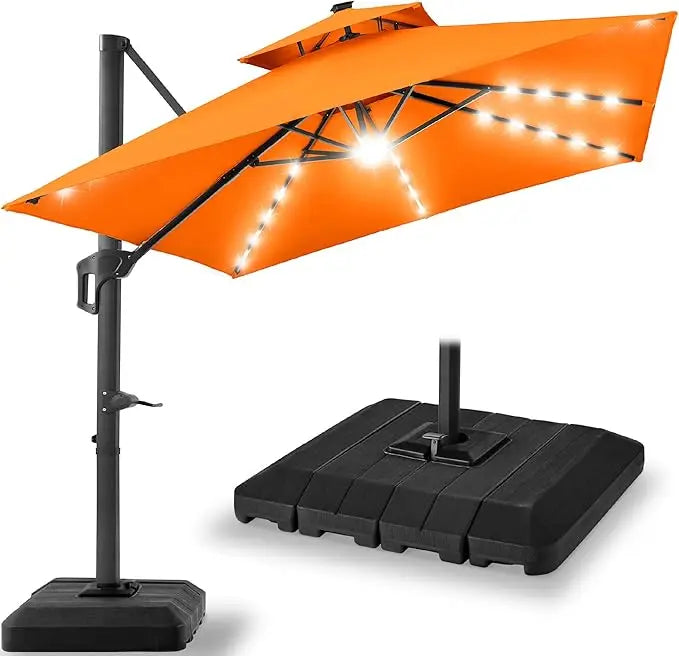 9x12ft LED Cantilever Patio Umbrella w/Base Included & 360° Rotation, Large Solar Offset Hanging Outdoor Sun Shade for Deck