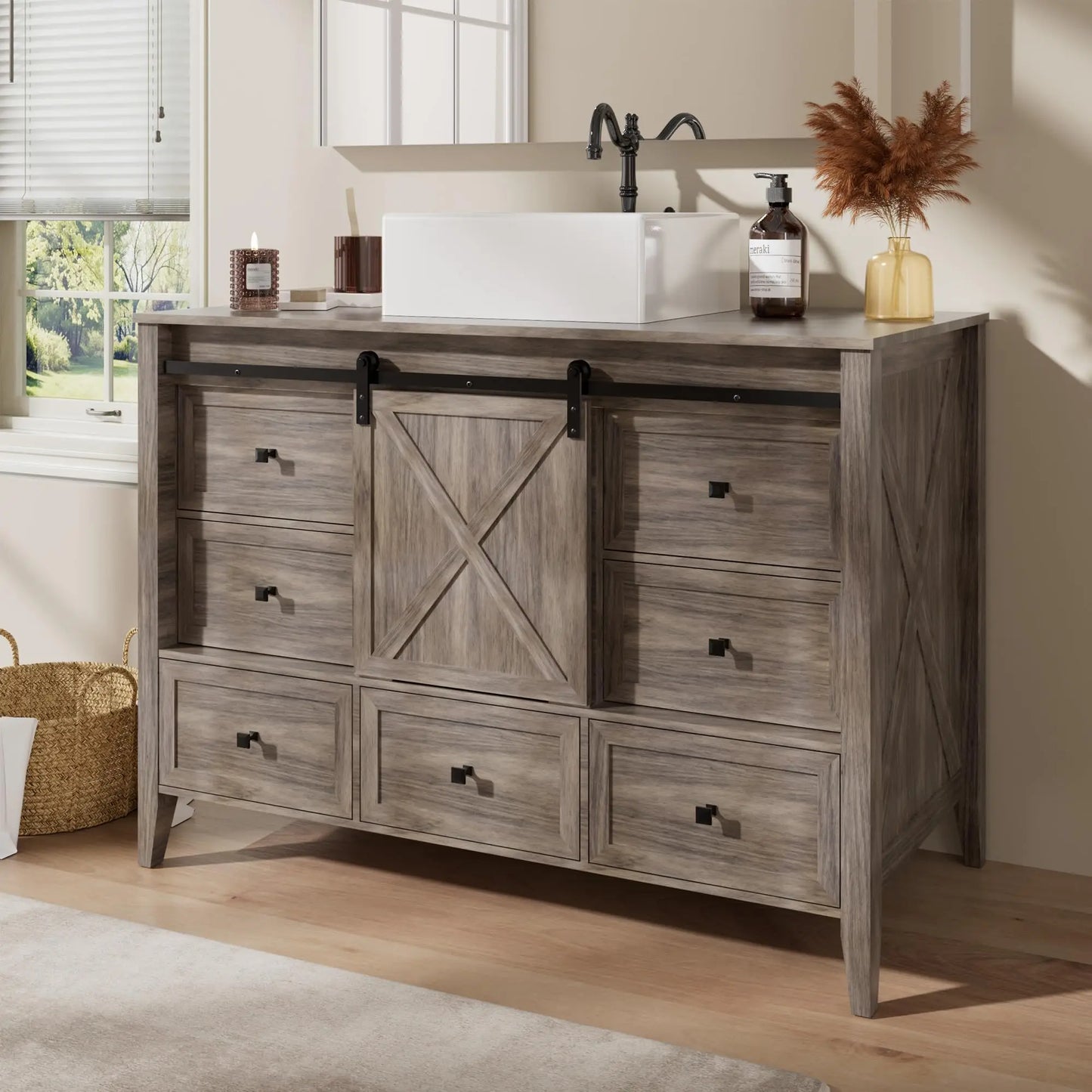 Bathroom Vanity With Ceramic Sink Freestanding Farmhouse Barn Door