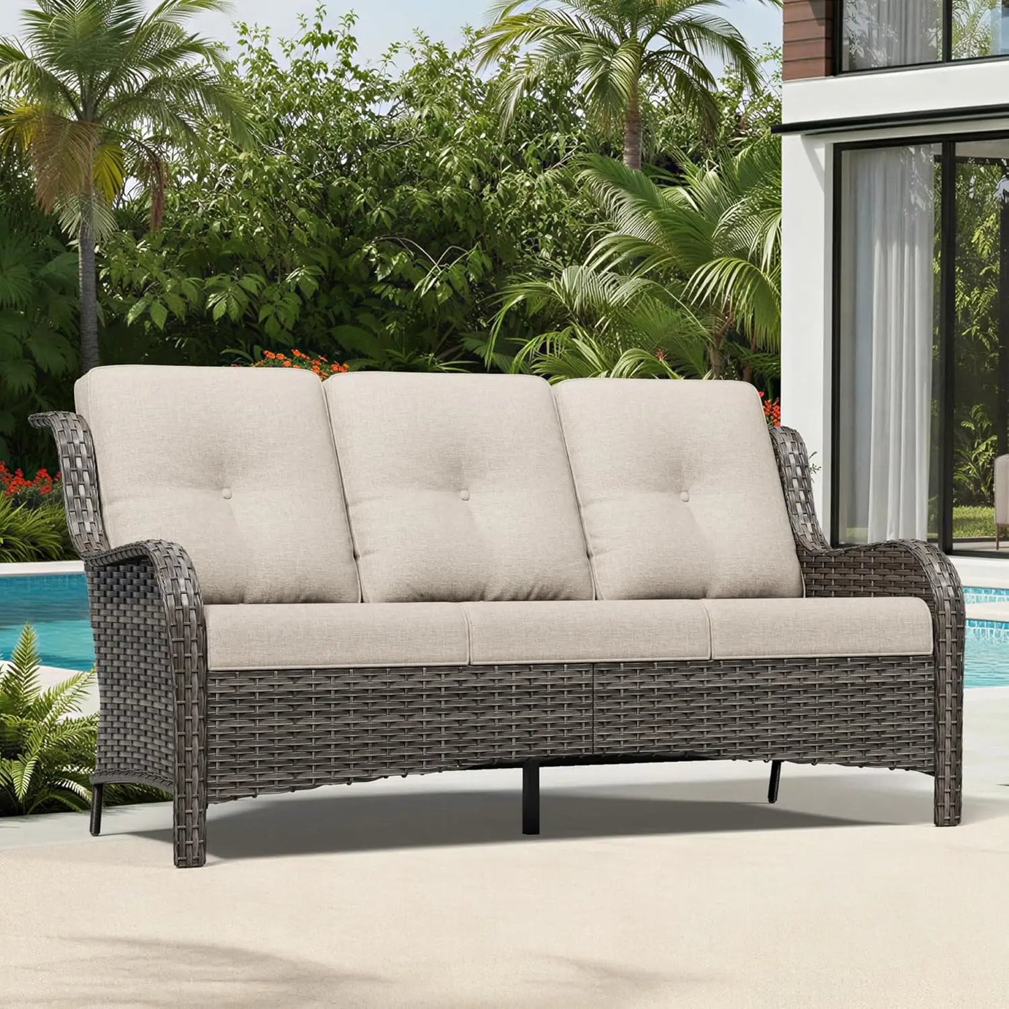 Outdoor Patio Wicker Sofa With Deep Cushions And Durable Frame