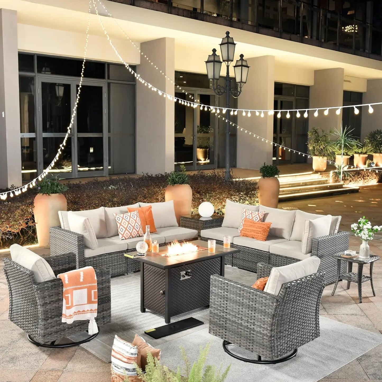 11 Piece Outdoor Patio Furniture Set with Fire Pit Table,Conversation Sectional Wicker Couch with Swivel Chairs,