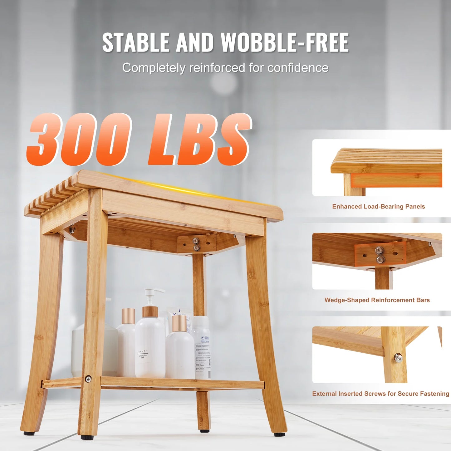 SucceBuy Bamboo Shower Bench Waterproof Shower Stool With Storage Shelf 330lbs