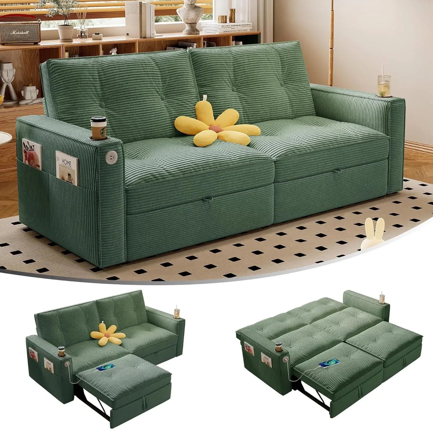 Guangbai Modern Seater Sofa Bed With USB Ports Pockets