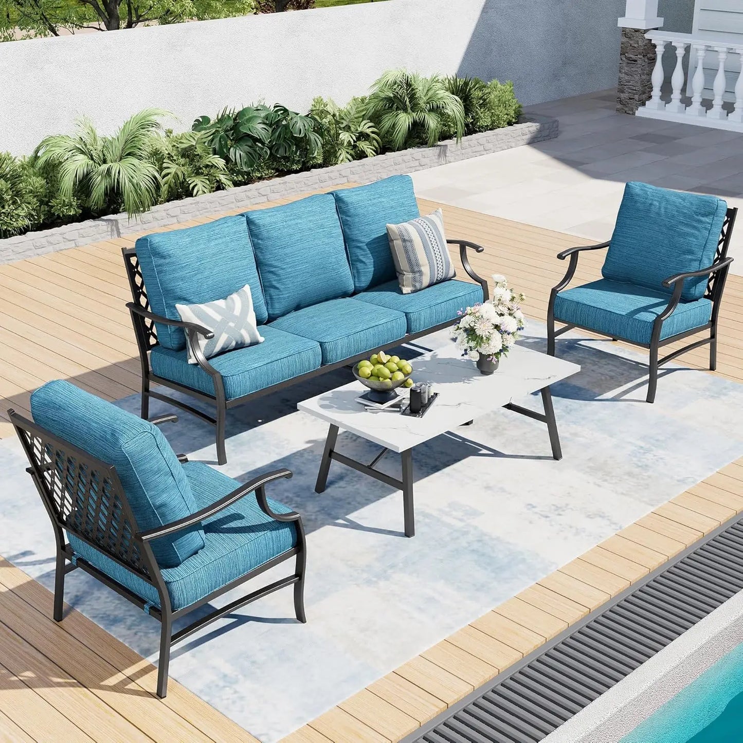 4 Piece Metal Outdoor Patio Furniture Set, Patio Conversation Sets 1 3-seater Sofa, 2 Swivel Chair with 5.75" Extra, Customized