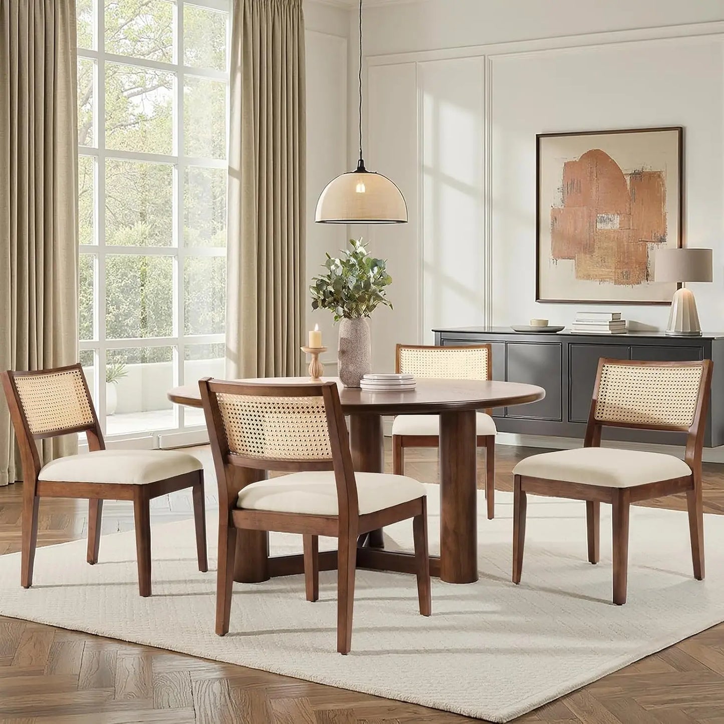 Rattan Dining Chairs Set of 4 With Curved Back Upholstered