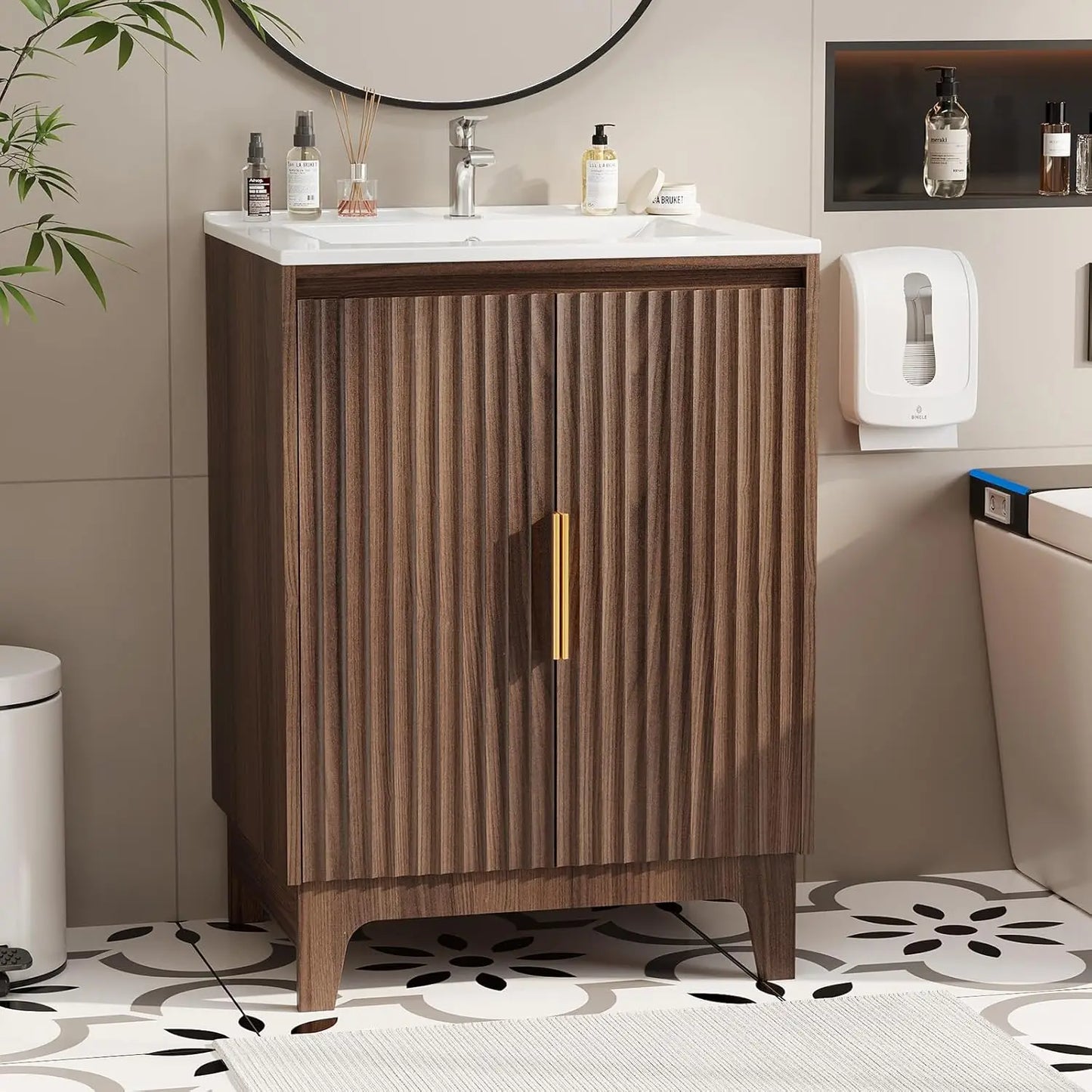 Mid-Century Modern Vanity With Ceramic Basin and Fluted Doors