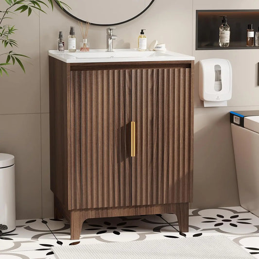 Mid-Century Modern Vanity With Ceramic Basin and Fluted Doors