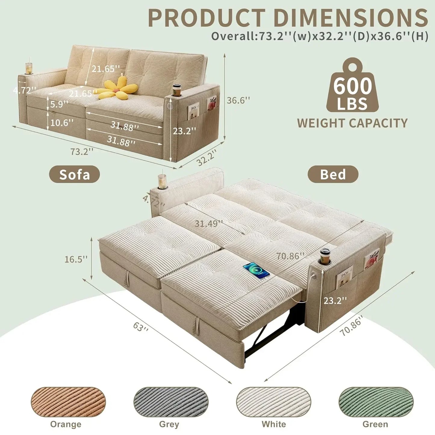 Guangbai Modern Seater Sofa Bed With USB Ports Pockets