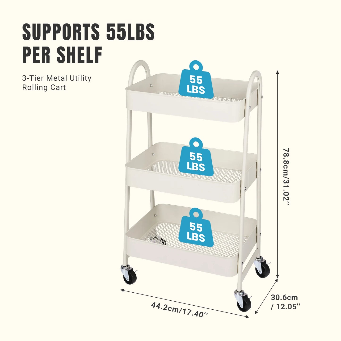 JHK 3 Tier Metal Kitchen Storage Cart With Lockable Wheels