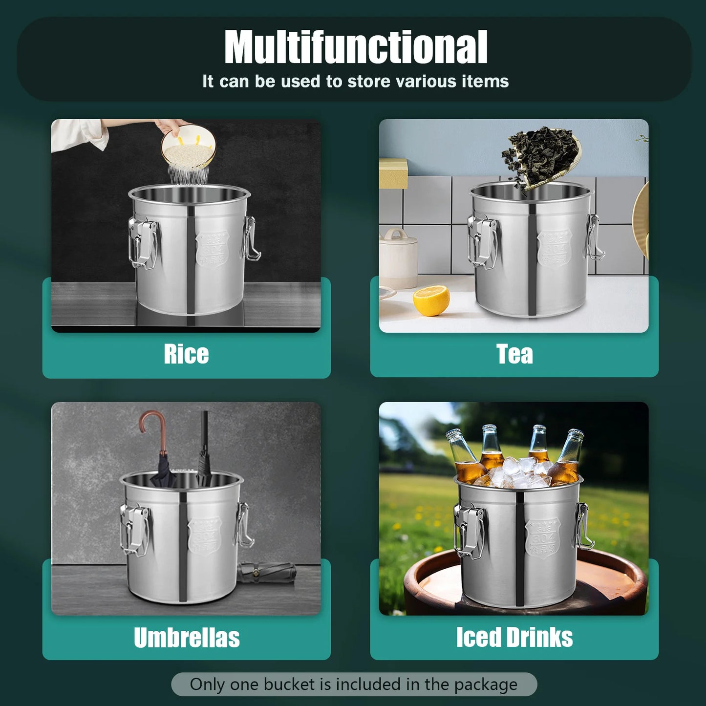 12L Stainless Steel Cereal Container Metal Kitchen Rice Oil Storage Bucket Airtight Durable Corrosion Resistant for Flour Cereal