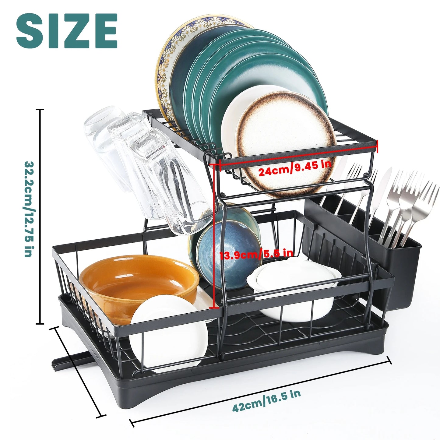 2-Tier Dish Drying Rack For Kitchen Countertops With Removable Tray