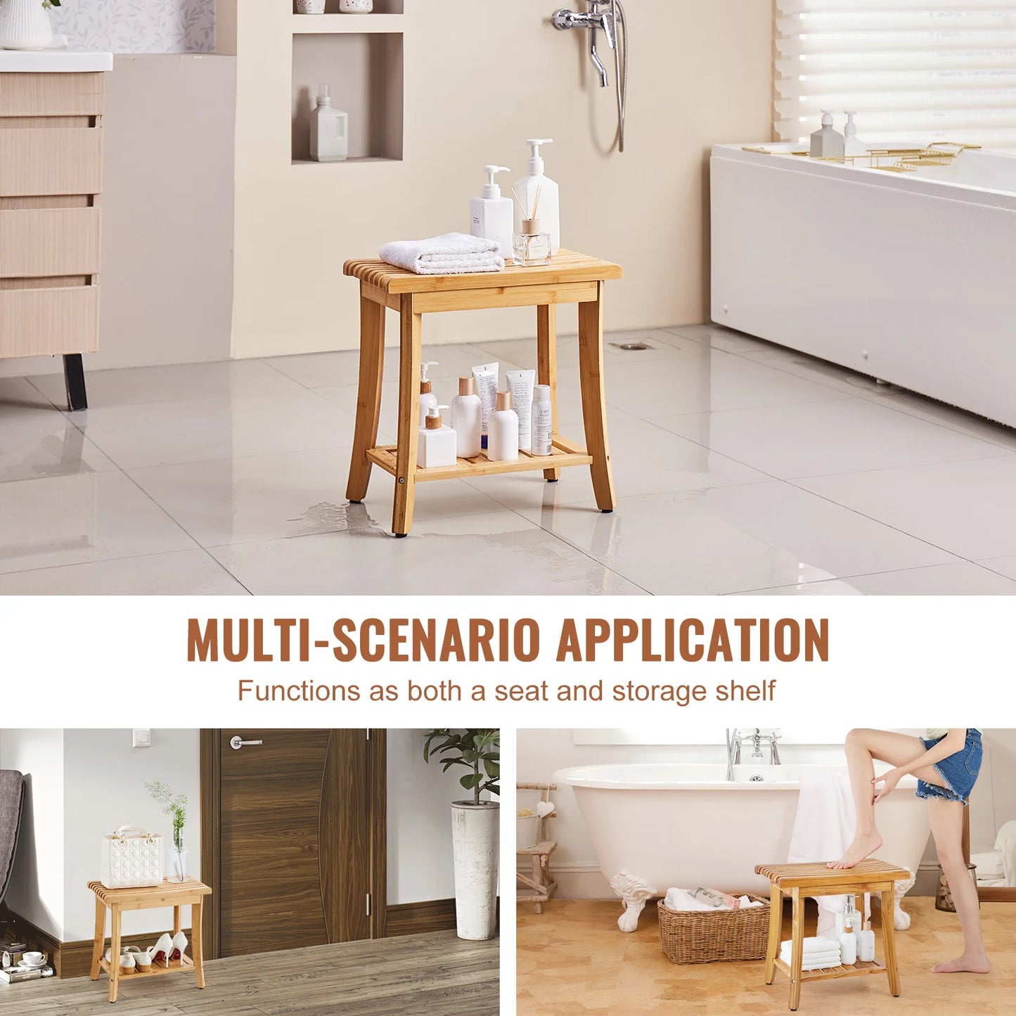 SucceBuy Bamboo Shower Bench Waterproof Shower Stool With Storage Shelf 330lbs