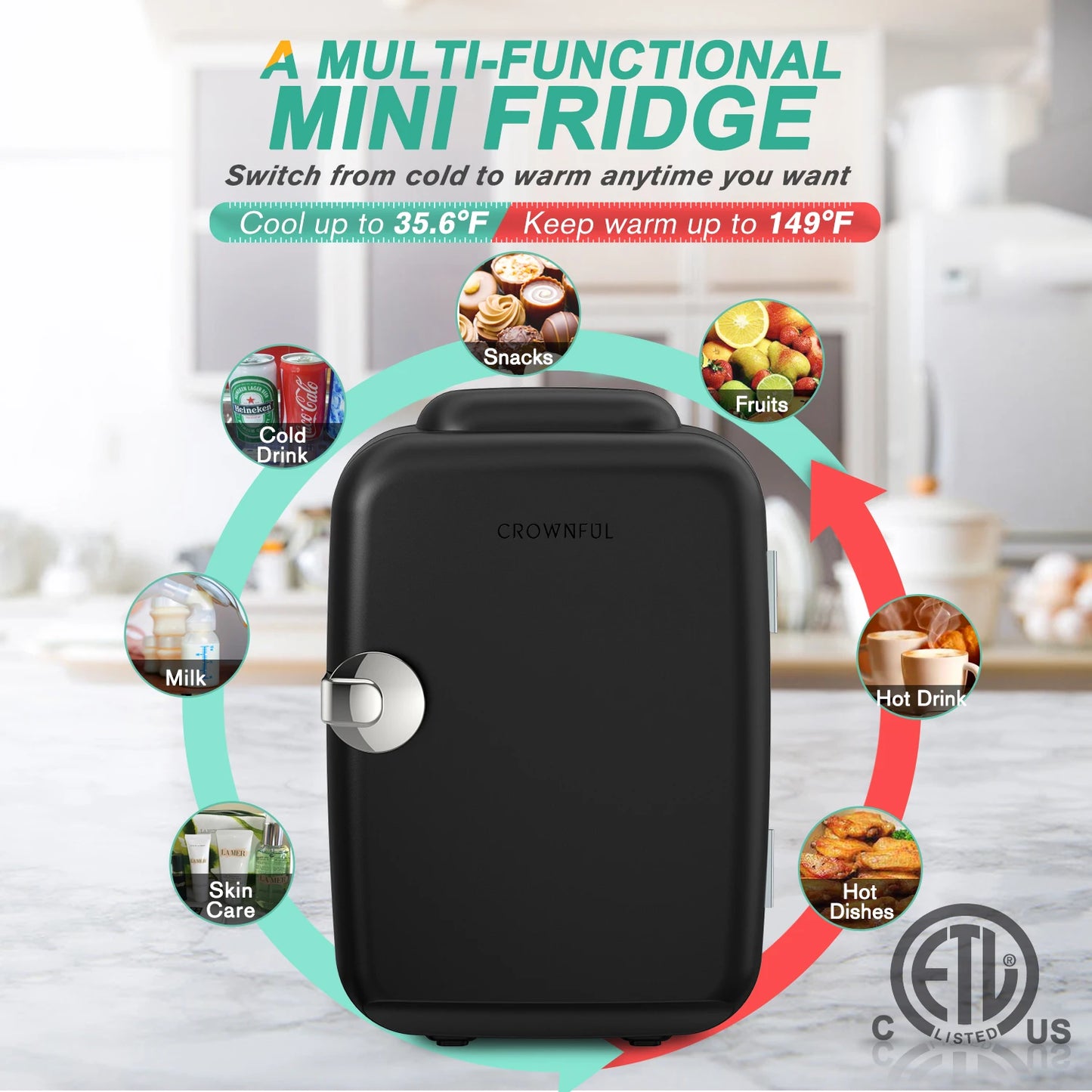 Crownful Mini Fridge for Beauty Skincare AC DC Car Refrigerator