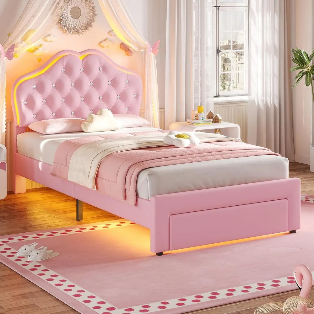 Twin Size Girl Bed with Storage Drawer & LED Lights, Upholstered Platform Bed, Adjustable Headboard with Velvet Crystal Button P