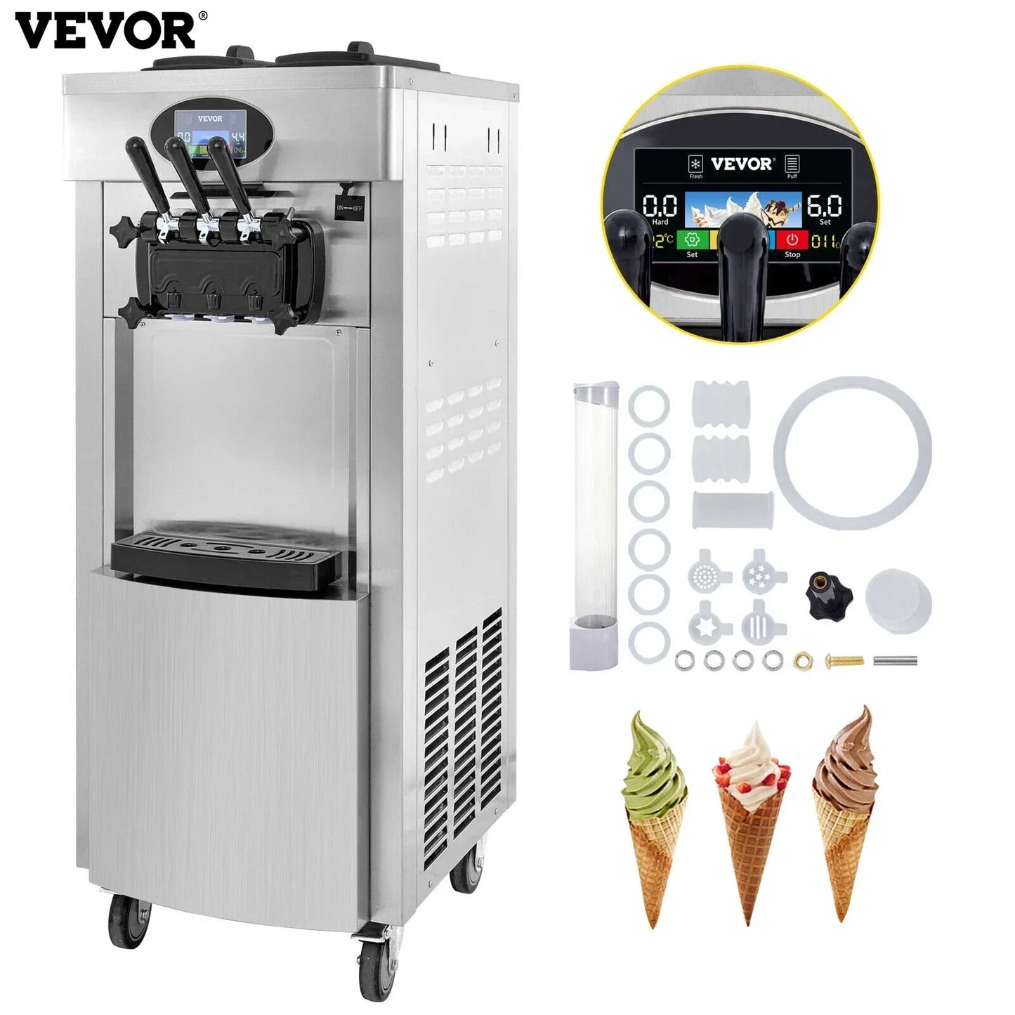 VEVOR 3 Flavor Vertical Soft Ice Cream Machine For Cafes