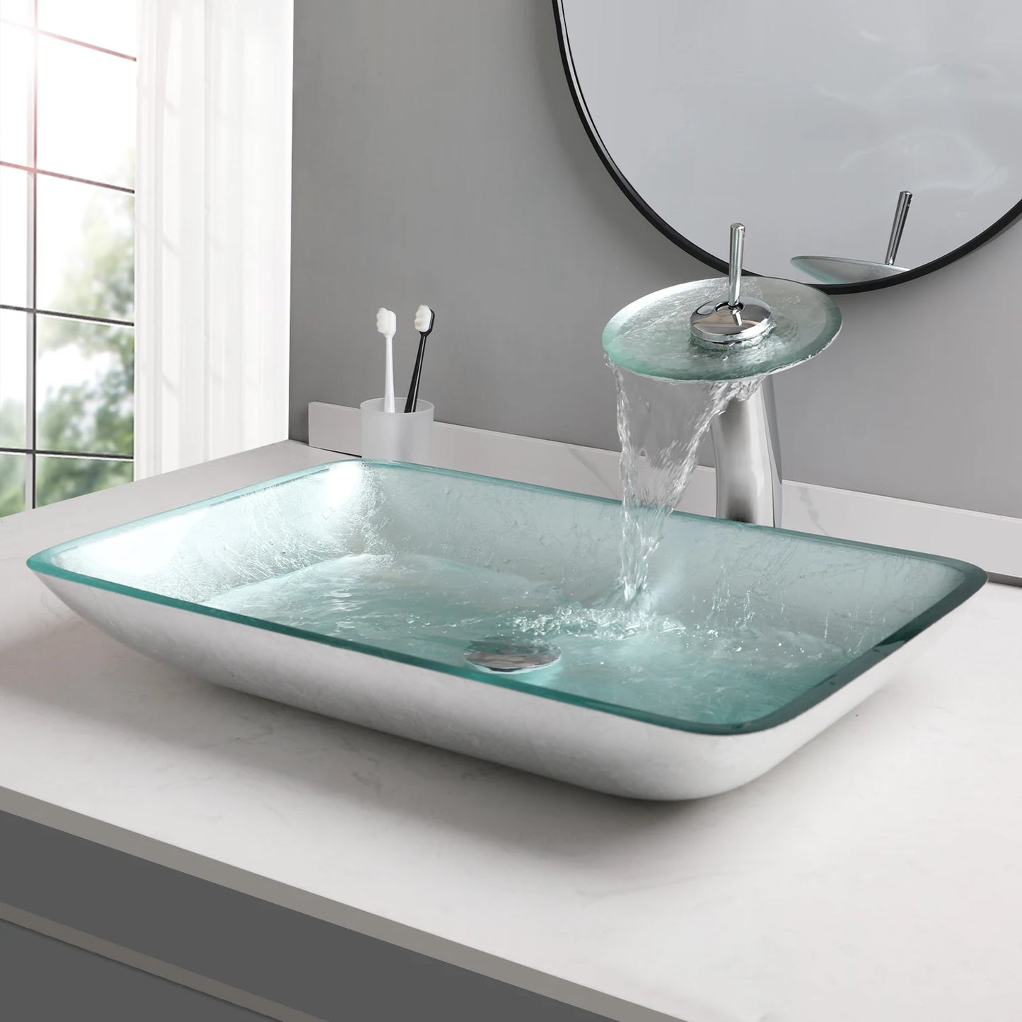 YANKSMART Tempered Glass Basin Sink Washbasin Faucet Set