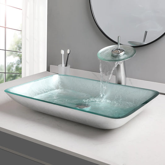 YANKSMART Tempered Glass Basin Sink Washbasin Faucet Set