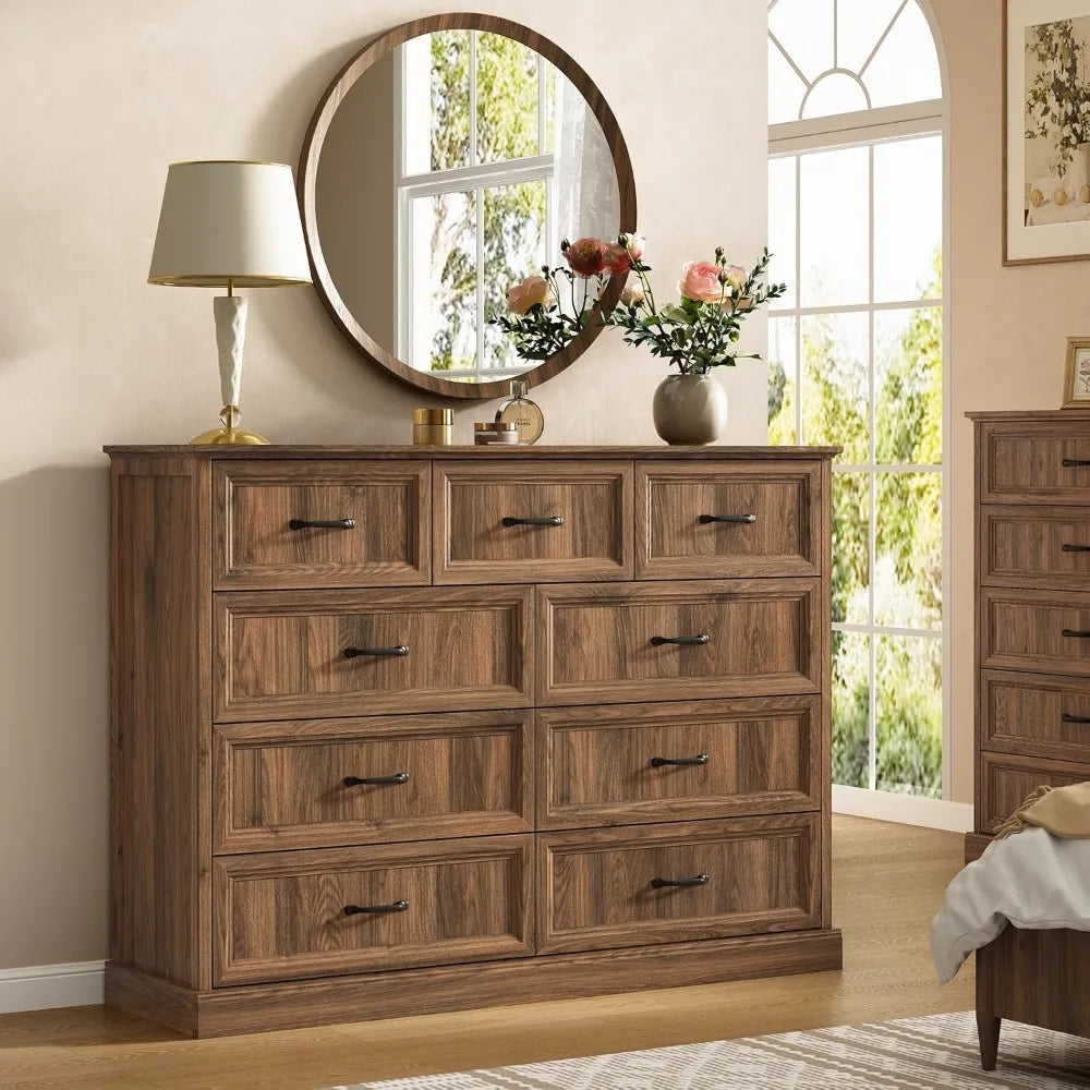 9 Drawer Dresser for Bedroom,with Large Drawers, 55 Inch Wide Modern Walnut Dresser TV Stand