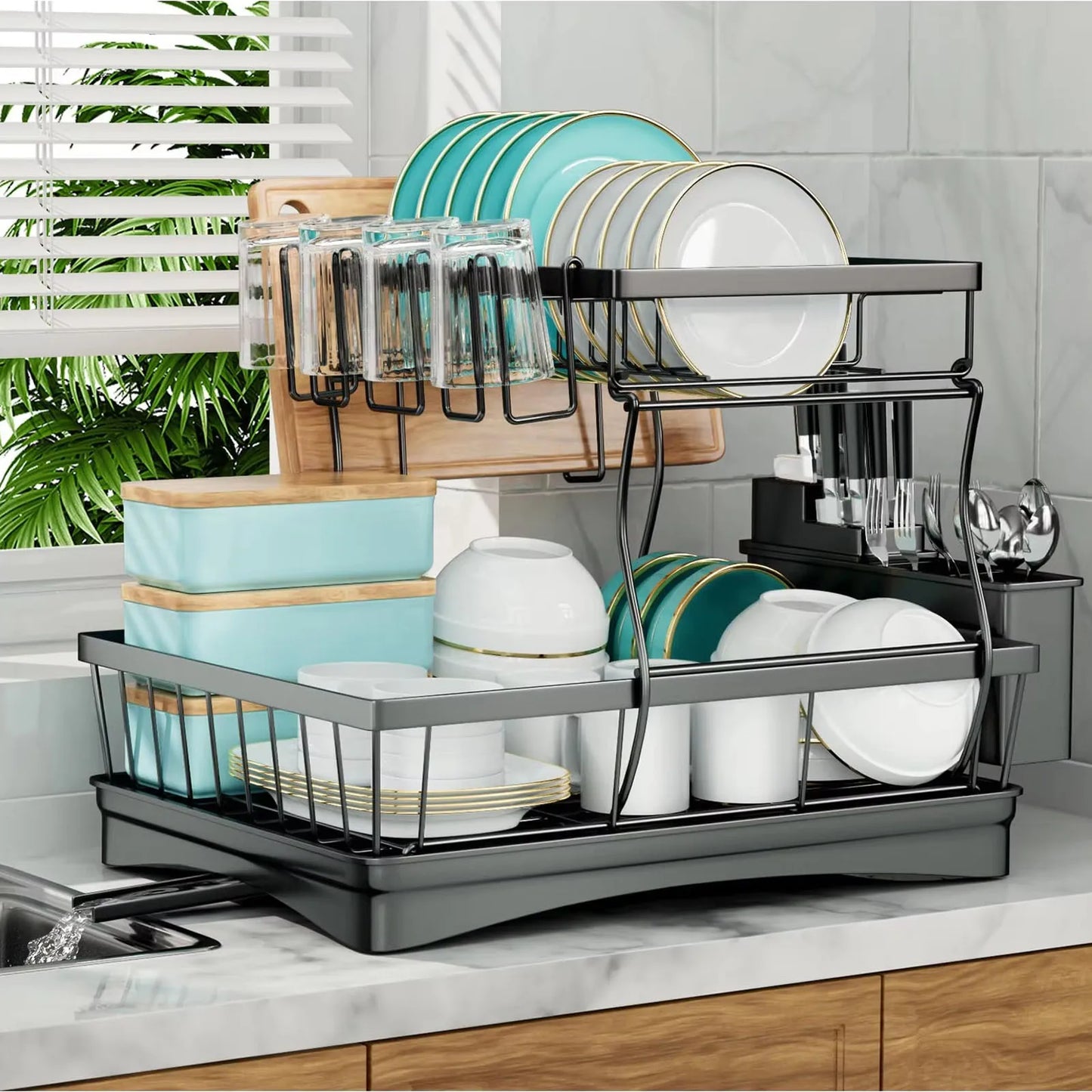 2-Tier Dish Drying Rack For Kitchen Countertops With Removable Tray