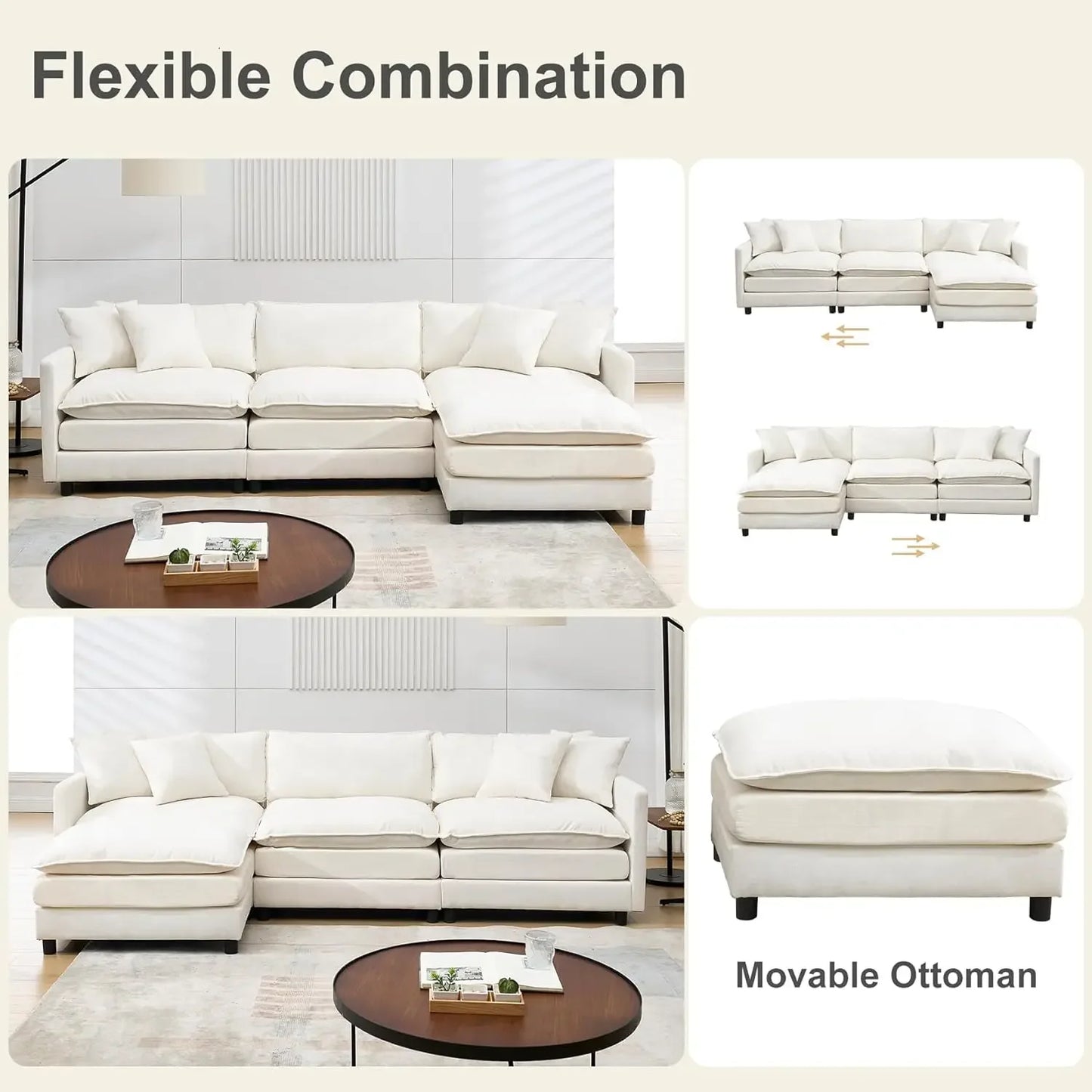 108" Cloud Sectional Couches for Living Room,Convertible L-Shape Couch with Ottoman,3 Seater Modular Sectional Sofa, Customized