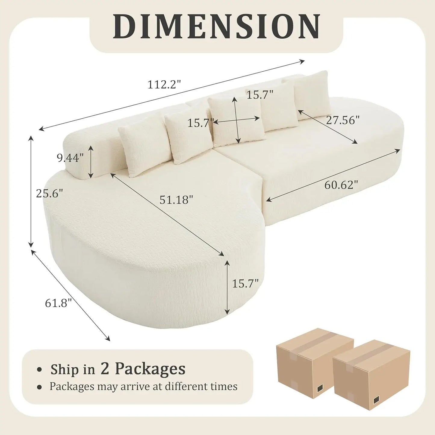 L Shaped Sectional Sofa Living Room Curved Modular Memory Foam 5 Pillows