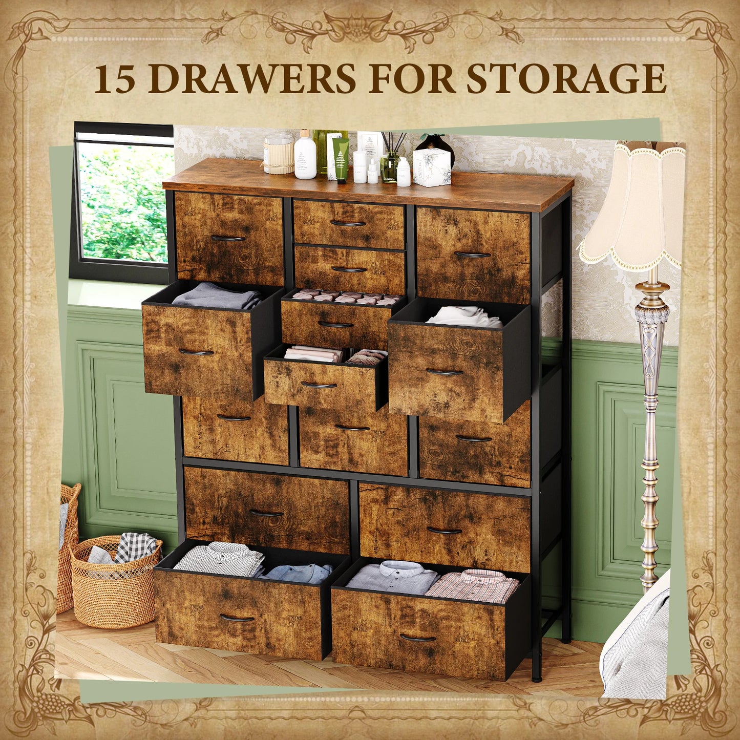 HiMISS 15 Drawer Dresser For Bedroom Space Saving Fabric Storage