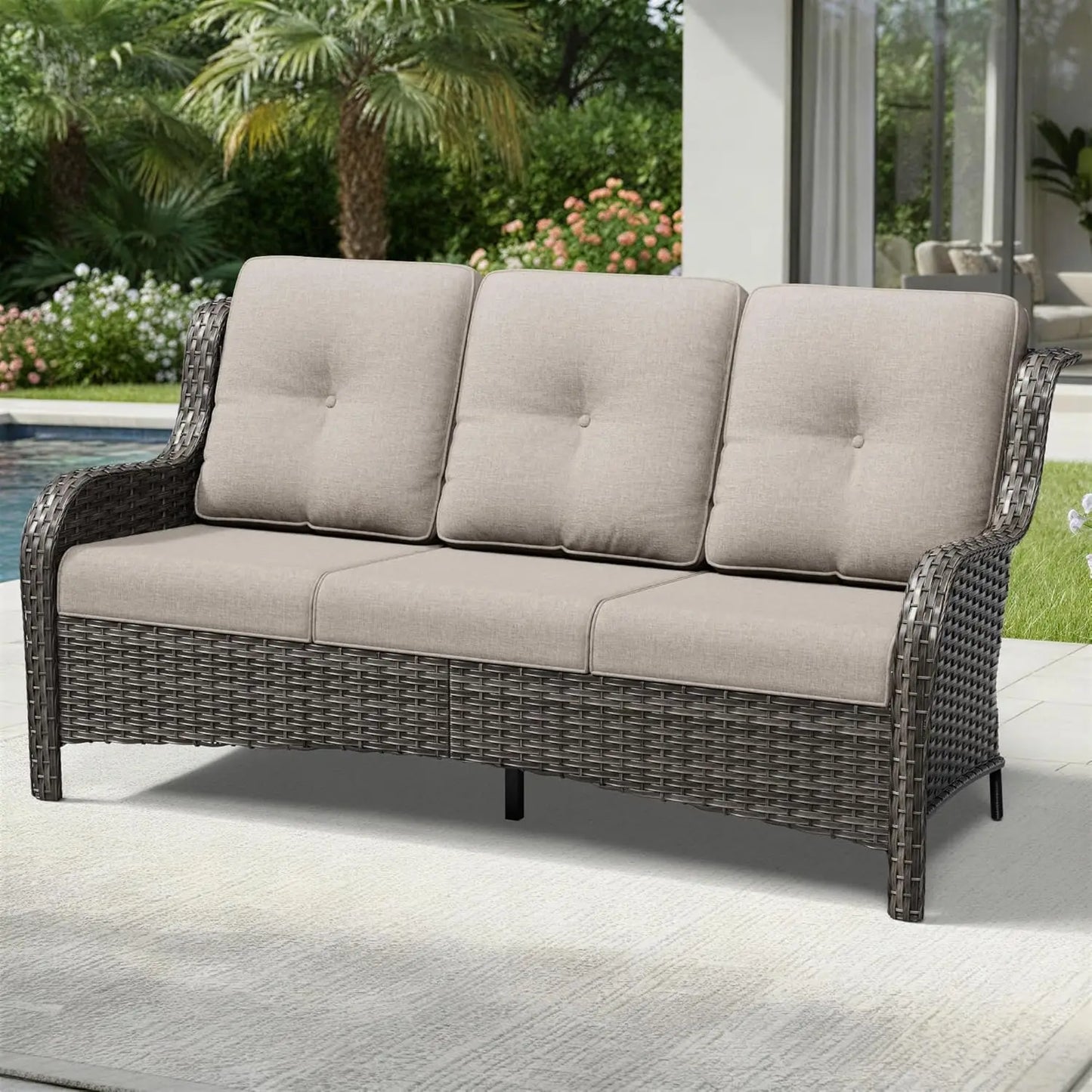 Outdoor Patio Wicker Sofa With Deep Cushions And Durable Frame
