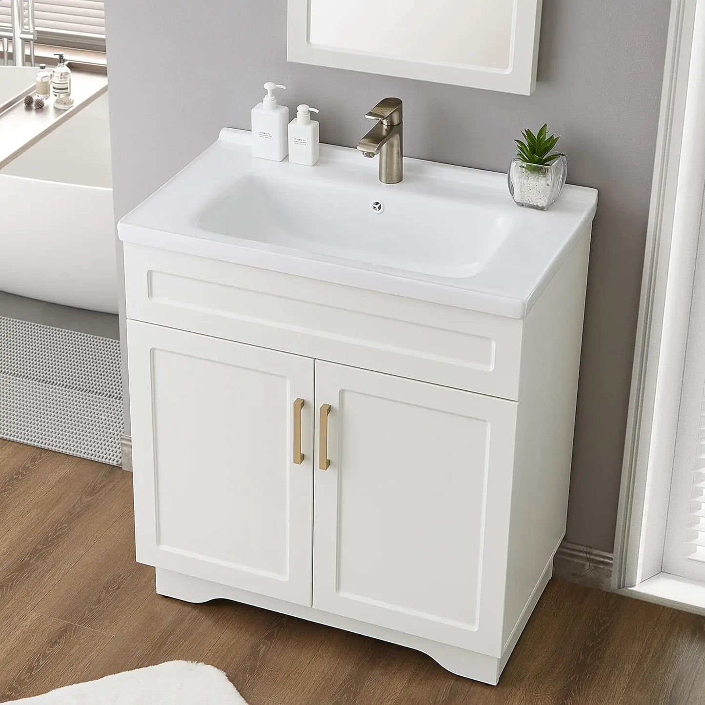 Bathroom Vanity With Ceramic Sink Wooden Cabinet Large Storage