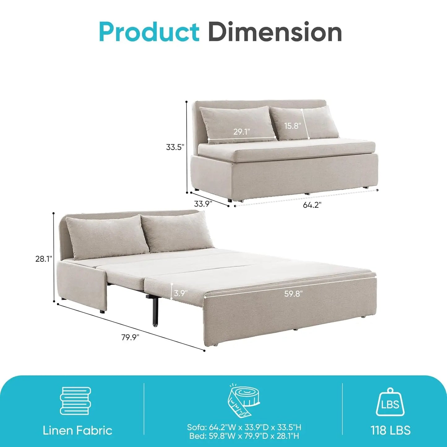 Queen Pull Out Sofa Bed Linen Convertible Couch With Pillows