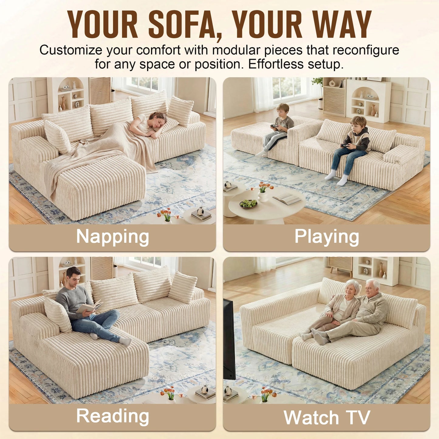 Redlife L Shape Corduroy Sectional Sofa Cloud Like Couch No Assembly Required