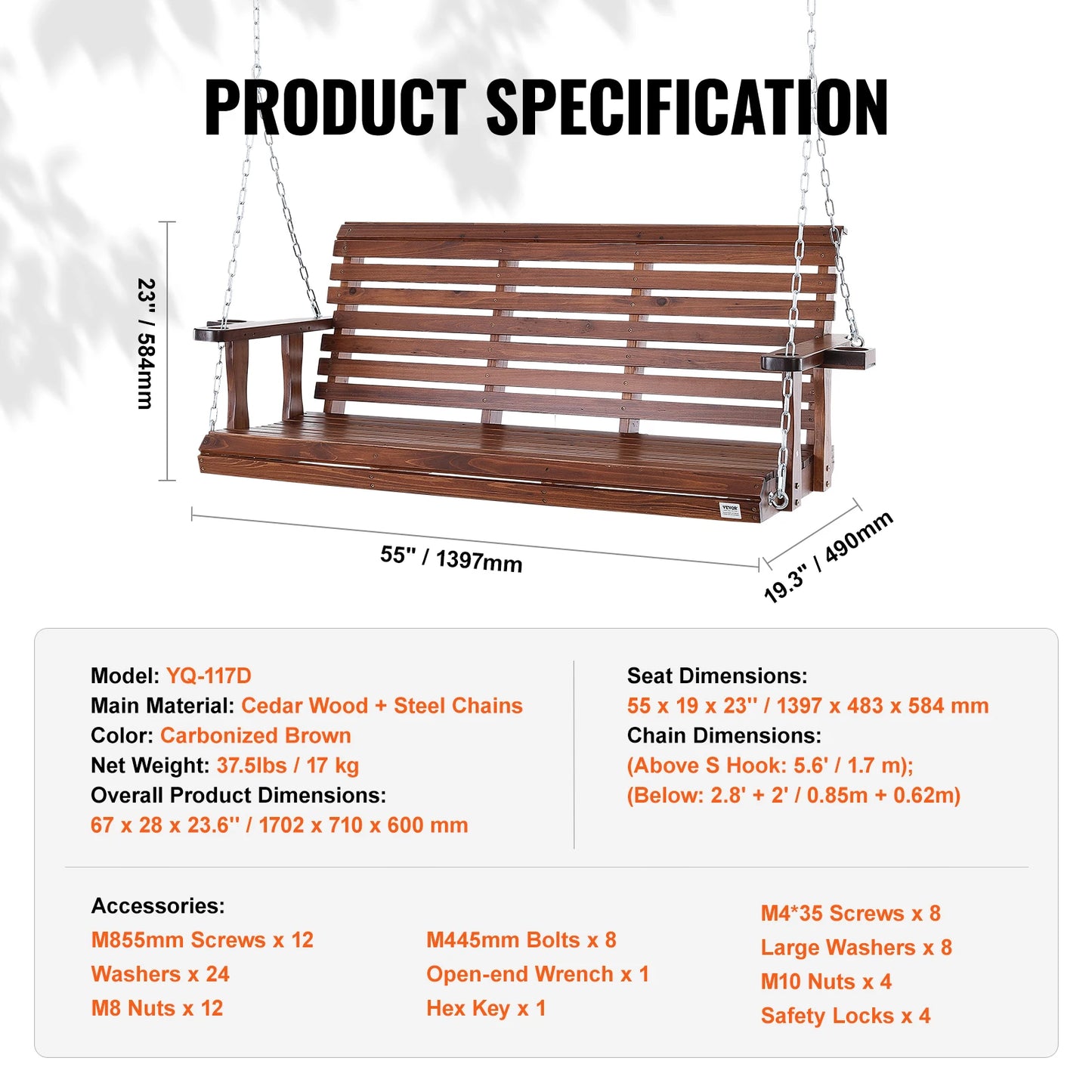 SucceBuy Wooden Porch Swing Outdoor Patio Garden 880 Lb Capacity