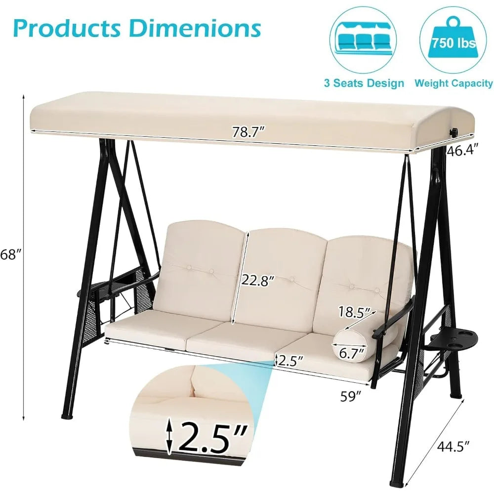 Outdoor 3 Seat Porch Swing With Adjustable Canopy And Cushions