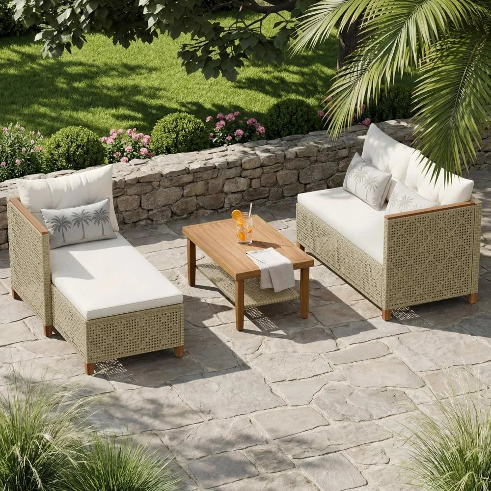 Wicker Patio Furniture Set 3 Pieces Outdoor Sofa Tufted Pillow