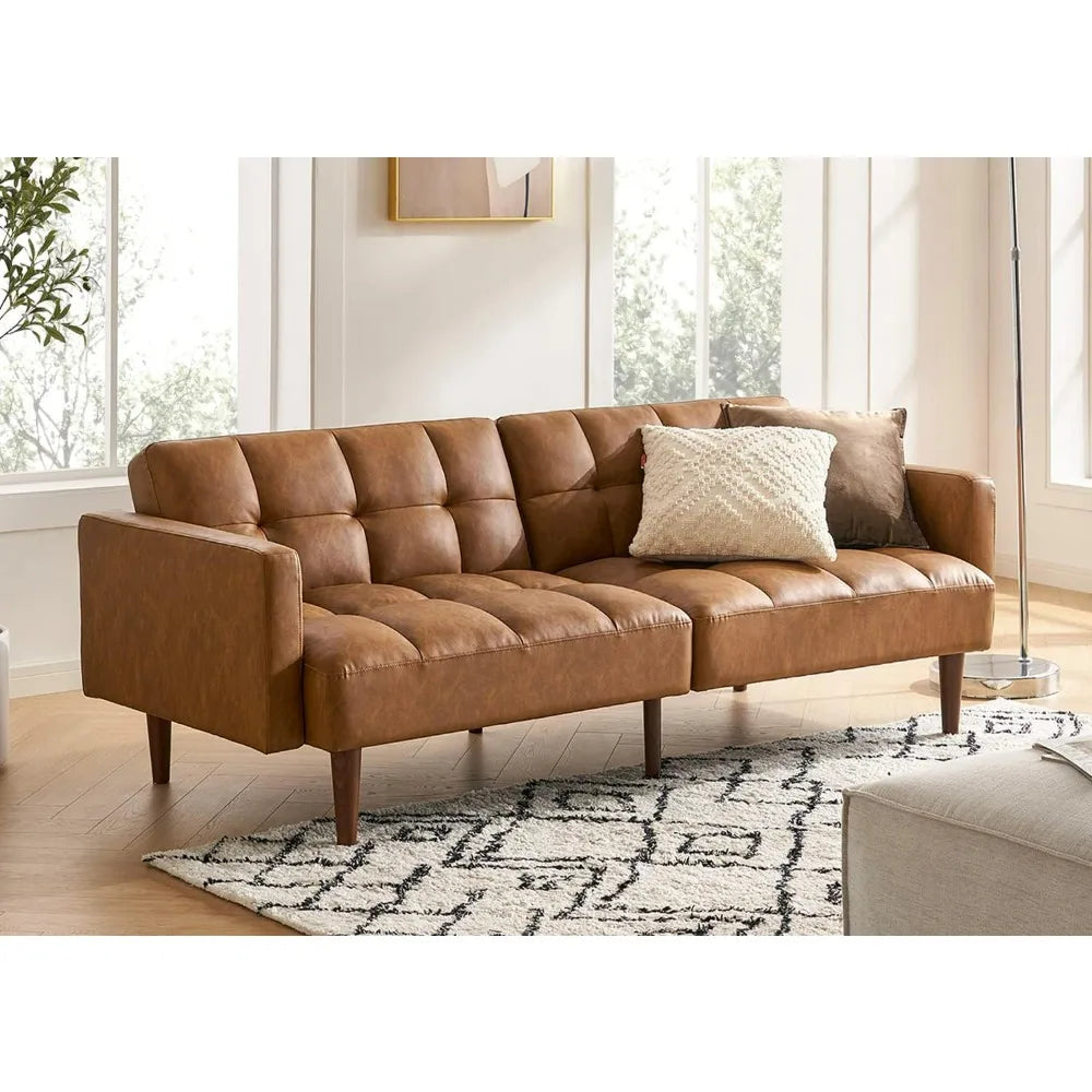 Mid Century Futon Sofa Bed PU Leather Loveseat Wood Frame