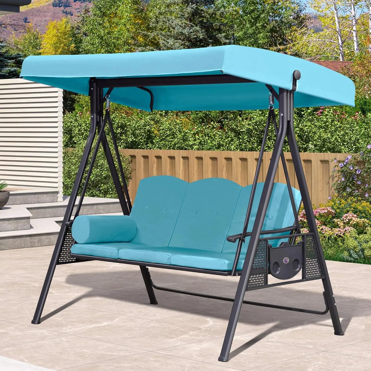 Adjustable Canopy 3 Seat Outdoor Porch Swing Bench Cup Holder