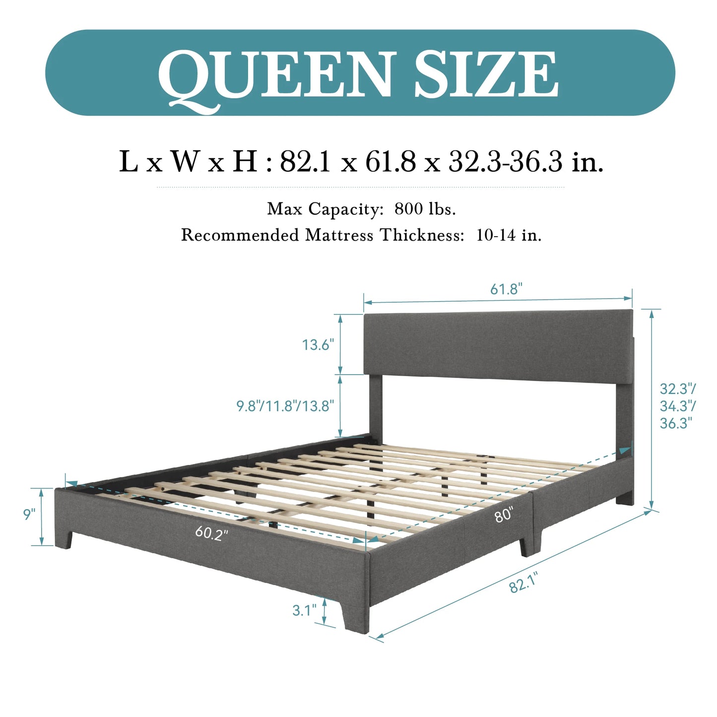 HOOMI Upholstered Bed Frame With Adjustable Headboard And Noise Free