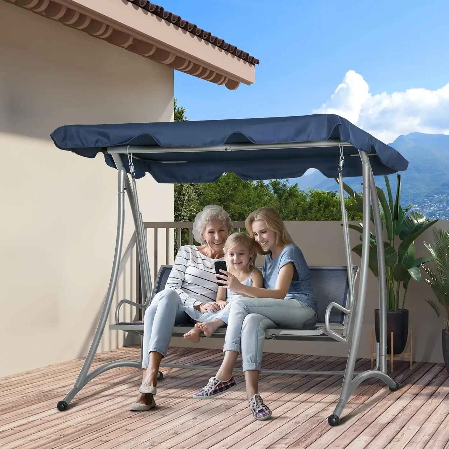 3-Seat Outdoor Porch Swing Chair, Patio Glider with Adjustable Canopy, Breathable Seat, and Steel Frame , Customized
