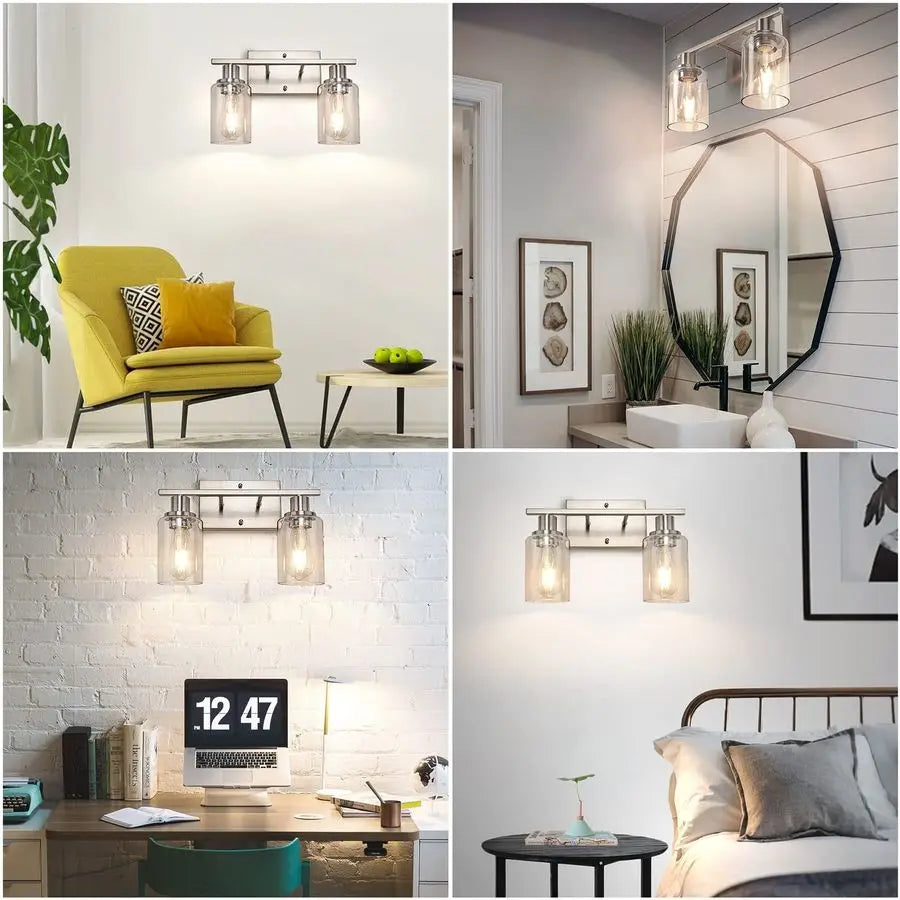 Two Light Bathroom Vanity Lights With Clear Glass Shades Over Mirror