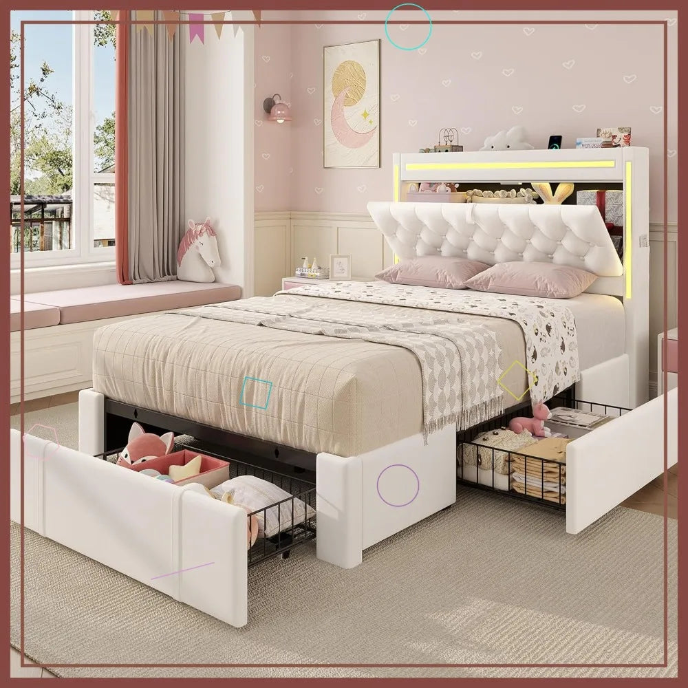 LED Bed Frame With Storage Drawers And Velvet Headboard Charging Station