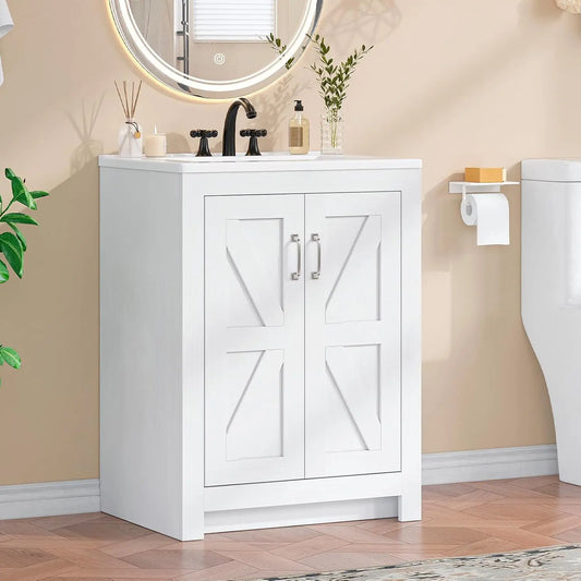 Farmhouse Style Bathroom Vanity With Ceramic Basin And Freestanding Wood Cabinet