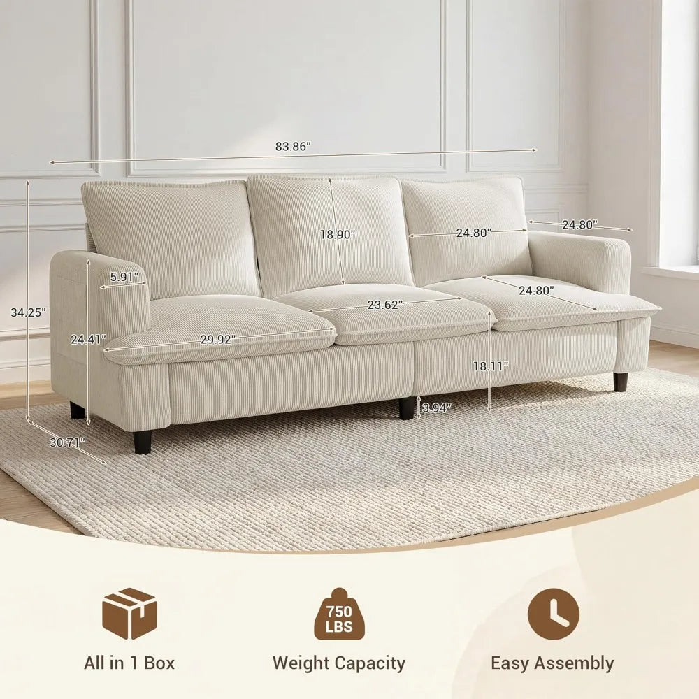 Corduroy 3 Seater Sofa Couch Deep Seat Modern Living Room