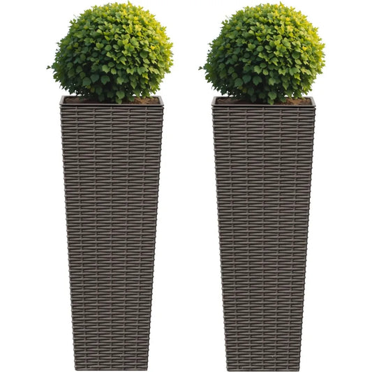 Resin Rattan Design Planters Set of 2 Durable Weather Resistant