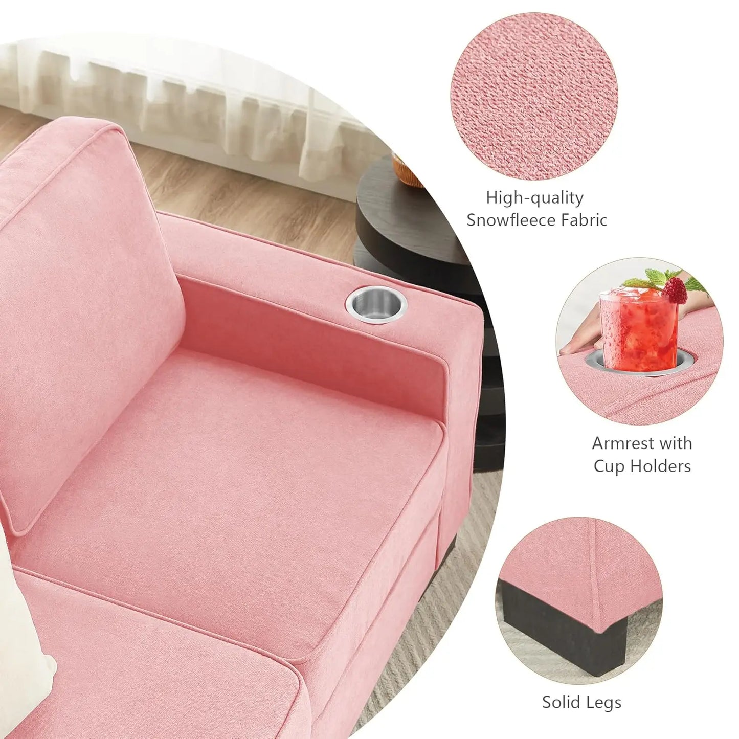 Snowfleece 3 Seater Upholstered Sofa With Cup Holders