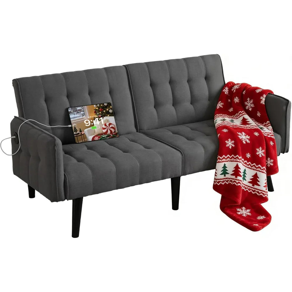 Futon Sofa Bed With USB Tufted Upholstered Loveseat Modern Mid Century
